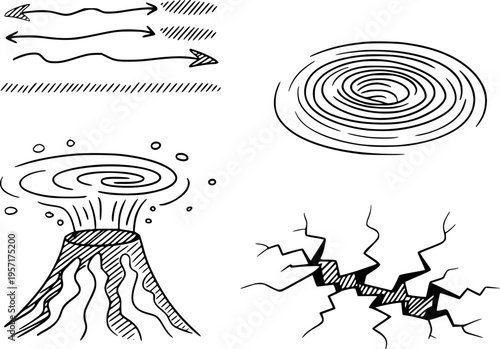 Hand drawn representing natural disasters and directional arrows in black ink event