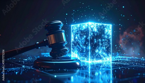 Futuristic Justice Gavel with a Glowing Cube Represents Digital Law and Emerging Technologies.