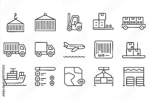 Shipping and Transport Outline Icons with Cargo Truck and Container