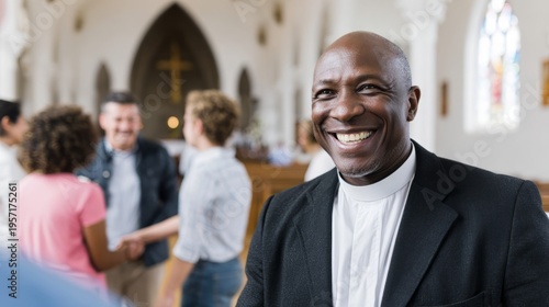 Smiling African American priest standing in church. Happy clergyman in clerical collar welcoming people at service. Community life, religious leader and spiritual support in parish hall.