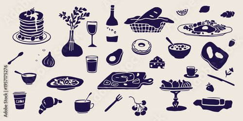 Picnic time doodles, outdoor dining sketches, healthy snack icons, summer food graphics, hand drawn bread and wine, weekend leisure elements, park lunch illustrations.