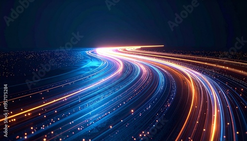 Abstract Glowing Light Trails on Dark Background for Technology and Future Concepts.