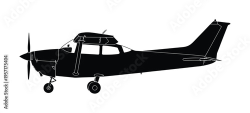 Vector silhouette of a single-engine propeller airplane in flight.