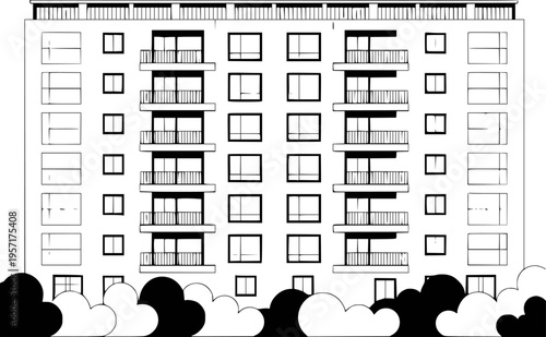 Minimalist black and white of a multi story apartment building with balconies and windows