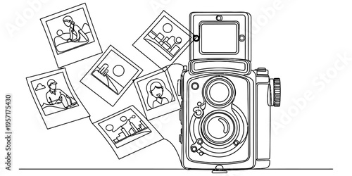 One Line Drawing of Vintage Twin Lens Camera with Photos