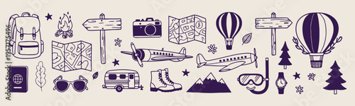World travel map, international tourism doodles, hand drawn travel icons, adventure trip sketches, global journey illustration, vacation planning graphics, sightseeing tour icons