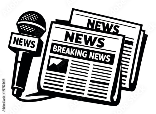 Microphone and stack of newspapers with NEWS and BREAKING NEWS headlines, portraying concepts of journalism and reporting
