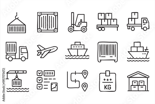 Transport Icons Featuring Truck Ship Airplane and Warehouse Elements