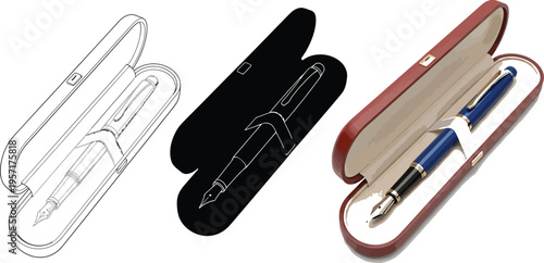 Elegant fountain pen presented in a luxury case shown as a detailed vector outline a sleek silhouette and a realistic photograph ideal for stationery business or gift concepts