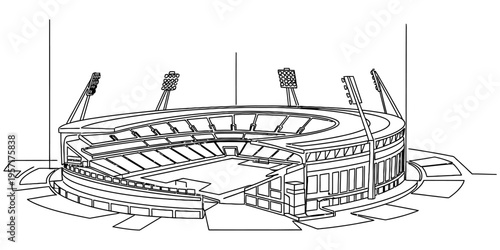 One Line Drawing of Modern Sports Stadium with Floodlight Towers
