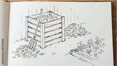Hand-drawn sketch of a wooden compost bin with garden fork, autumn leaves, and raised garden bed