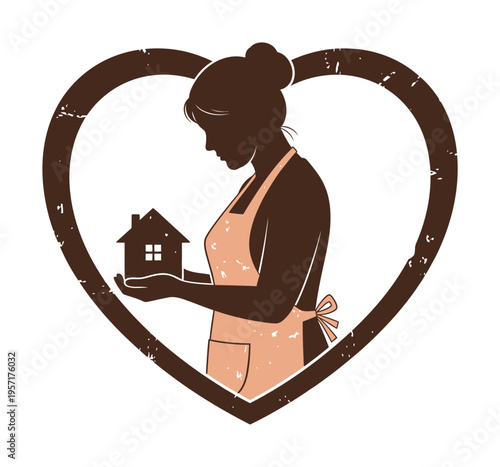 Vector of a woman wearing an apron holding a small house inside a heart