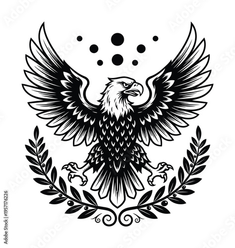 Powerful eagle vector with outstretched wings and sharp claws within an ornamental laurel wreath design