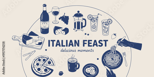 Italian feast dining, delicious moments doodles, pizza and pasta sketches, hand drawn restaurant elements, Mediterranean food illustration, culinary dining graphics, menu design icons