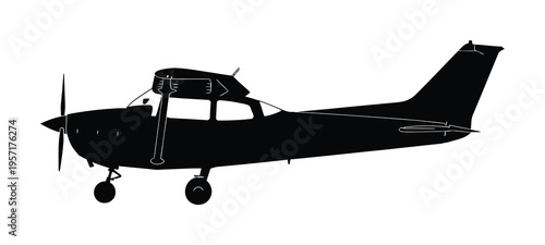 Silhouette vector of a small propeller aircraft seen from the side flying in a white background
