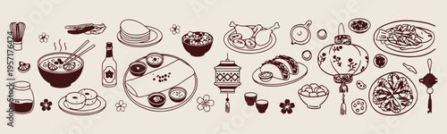 Asian culinary dishes, oriental food doodles, hand drawn sushi sketches, dim sum and noodles, restaurant menu illustration, cultural food graphics, Japanese cuisine icons
