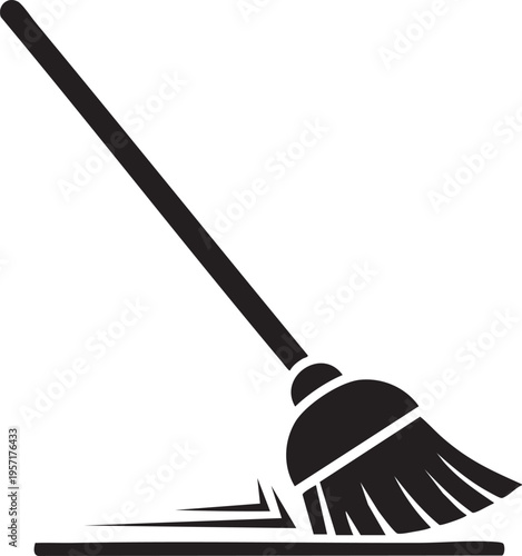A broom sweeps across the floor with bristles and handle.
