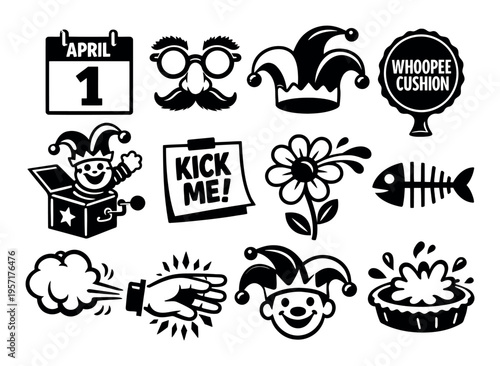 April Fool's Day icons set representing jokes, pranks, and humor with various comical elements and symbols