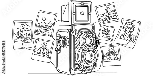 Vintage Twin Lens Reflex Camera with Instant Photos One Line Illustration
