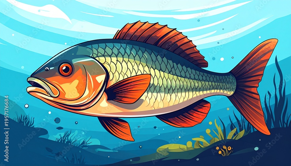 Fototapeta premium Vibrant Fish Illustration in Ocean Depths A Colorful Underwater Scene.
