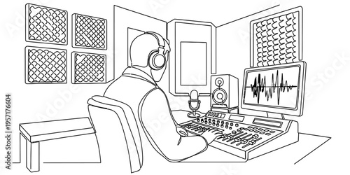 Professional Sound Engineer in Radio Broadcast Studio One Line Illustration