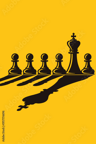 Chess Pawn Shadow as King Concept for Hidden Potential. Minimalist chess illustration where pawn casts king shadow. Symbolizes growth, ambition, and hidden potential.