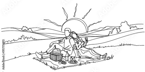 Romantic Couple Having Outdoor Sunset Picnic Continuous One Line Illustration