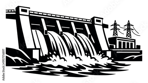 Hydroelectric dam releasing water, generating clean electricity from river power at a modern power plant with transmission towers
