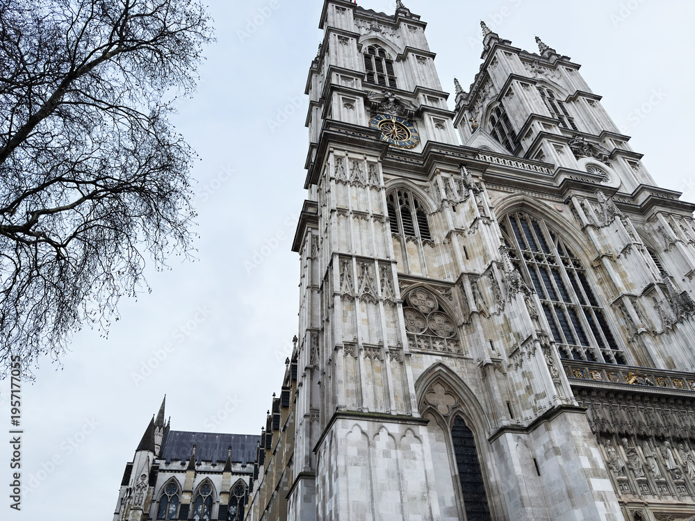 Obraz premium Westminster Abbey gothic cathedral facade in London, UK with towers and ornate stone details