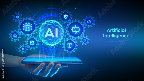 Artificial Intelligence and mobile technology concept. AI application. Sphere grid wave. Using AI on smartphone for live translate, generative edit, chatbot assistant conversation. Vector illustration