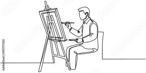 Male Artist Sitting and Painting on Canvas with Easel Stand