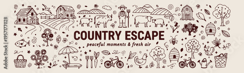 Country escape lifestyle, farm life illustration, peaceful rural moments, hand drawn farming doodles, countryside vacation sketches, fresh air nature, rustic agricultural elements