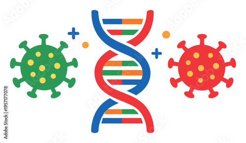 DNA spiral surrounded by virus and bacteria symbols, illustrating genetic influence on disease, immune response, and biological science