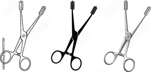 Versatile set of surgical piercing clamps depicted in detailed outline solid silhouette and realistic vector illustration styles isolated for medical and body art design projects