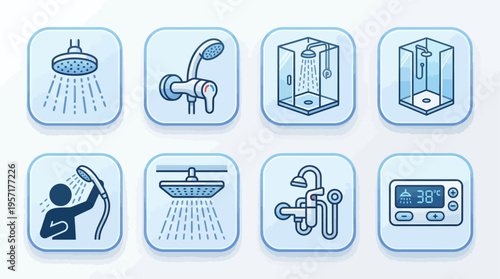 Shower control icons: temperature, pressure, modes, timers, accessories