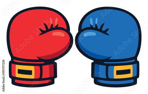 Boxing gloves in contrasting red and blue colors, representing opposing teams, fierce competition, and confrontation