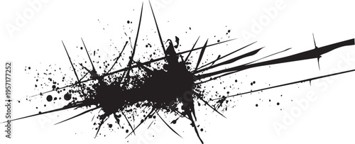 Black ink splatter with sharp jagged lines and dots on a white background