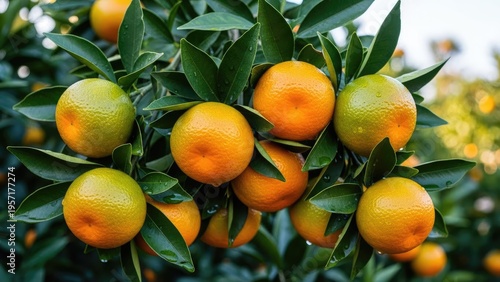 A vibrant cluster of oranges hanging from a lush green tree