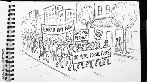 Black and white vector illustration of people protesting for Earth Day and climate change