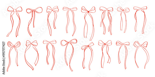 Playful hand sketched ribbon bows in red line style, loose doodle collection for packaging, stickers and creative projects