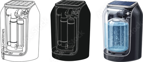 Advanced solar-powered water purification system featuring internal filtration mechanisms in detailed technical drawings and a realistic 3D render