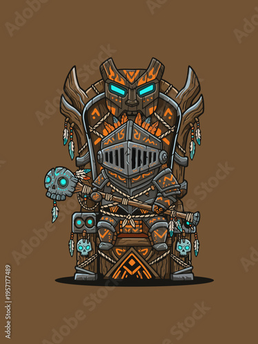 Stylized chibi tribal monster vector with compact floating body, no legs, and wooden mask. Holding a spear in a battle stance. Flat illustration with solid colors, bold lines, and layered shapes.
