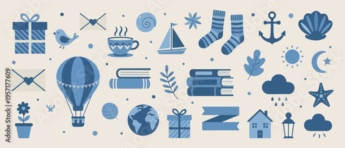 Cozy lifestyle icons, home comfort sketches, reading and relaxing, hand drawn hygge, warm socks and tea, winter indoor activities, peaceful living graphics.