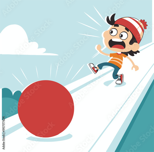 Cute Character Running from Rolling Snowball – Winter Danger and Fear Concept Vector Illustration