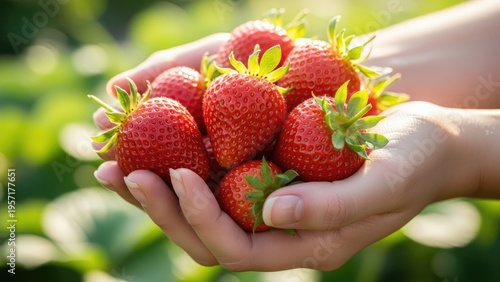 A person holding a handful of fresh strawberries in their cupped hands