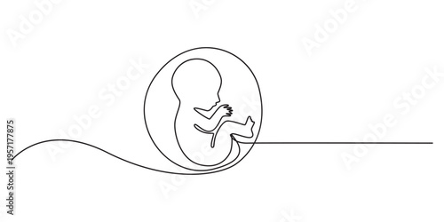 Baby embryo in womb one line drawing. Cute unborn fetus baby on mother womb isolated on white background, Baby embryo in womb in one continuous line drawing. Healthy pregnancy and premature symbol