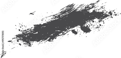 Dark gray paint brush stroke with splatters and dry texture