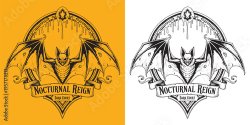 Nocturnal Reign Dark Court Bat Emblem Hand Drawn Engraving Style
