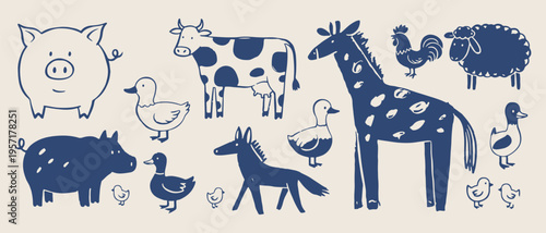 Farm animals sketches, cute cow and duck, zoo animal doodles, giraffe and horse icons, hand drawn livestock, nature and wildlife art, domestic animal graphics.