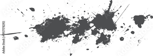 Dark grey ink splatter shape with scattered droplets on a white background